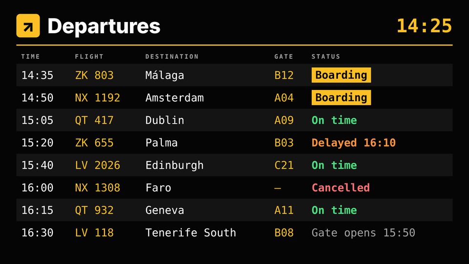 Airport screen design: Departures board