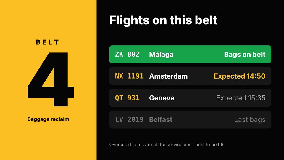 Airport template: Baggage reclaim. Belt number with the flights on it.