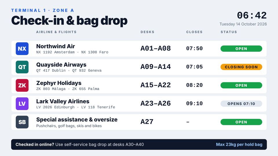 Airport template: Check-in desks. Light check-in board: airline, flights, desk numbers and open/closing status.