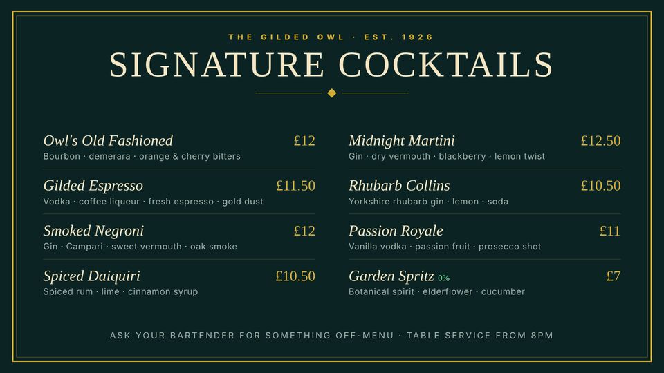 Bar & nightlife screen design: Cocktail menu