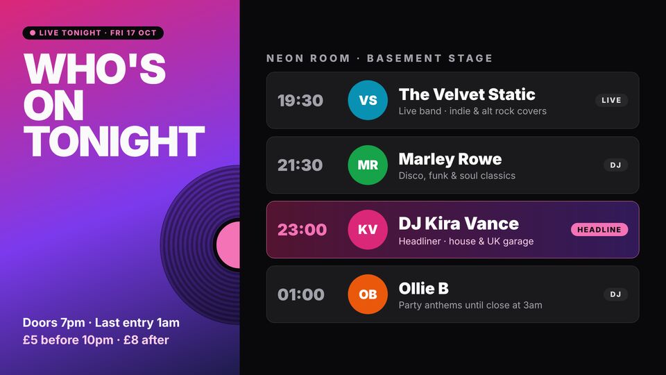 Bar & nightlife template: DJ & live music tonight. Tonight's line-up with set times, performer initials and entry price.
