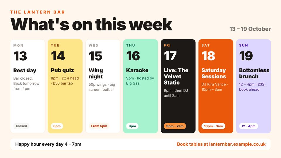 Bar & nightlife template: What's on this week. Seven-day week planner of bar events: quiz, karaoke, live music, DJs and brunch.