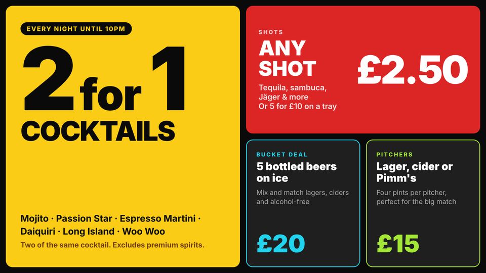 Bar & nightlife template: Drinks offers. Bold drinks offers board: two-for-one cocktails, shots, buckets and pitchers.
