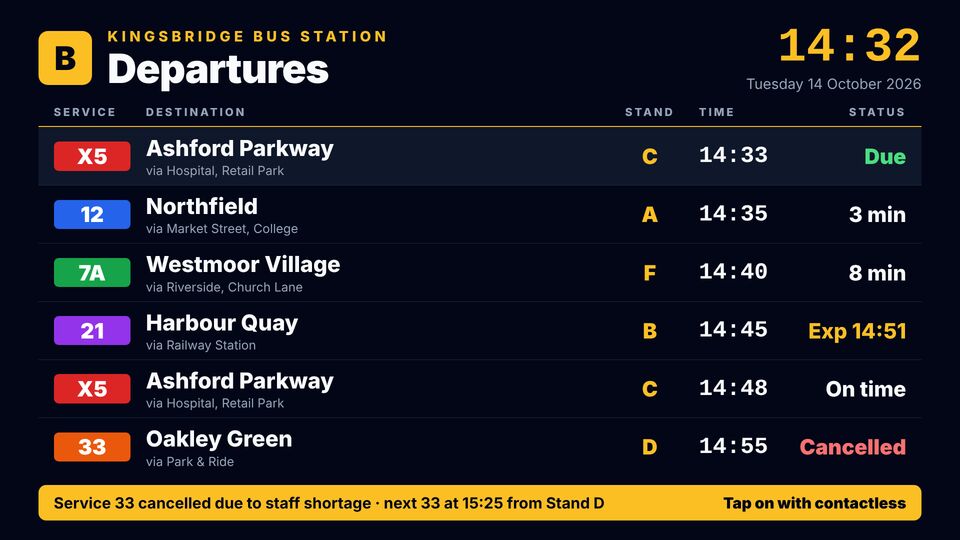 Bus & coach screen design: Bus station departures