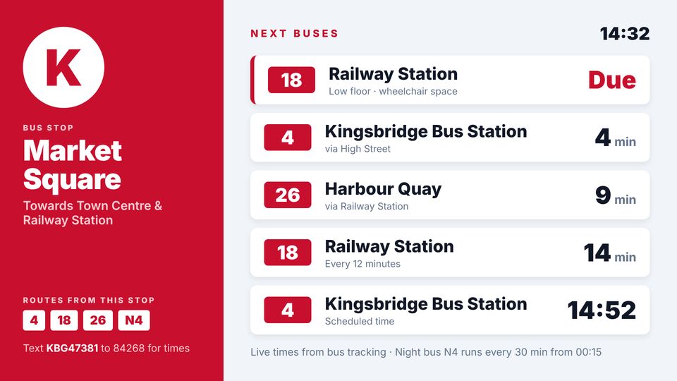 Bus & coach screen design: Next buses from this stop. Single-stop countdown board: stop letter, next buses in minutes and stop details.