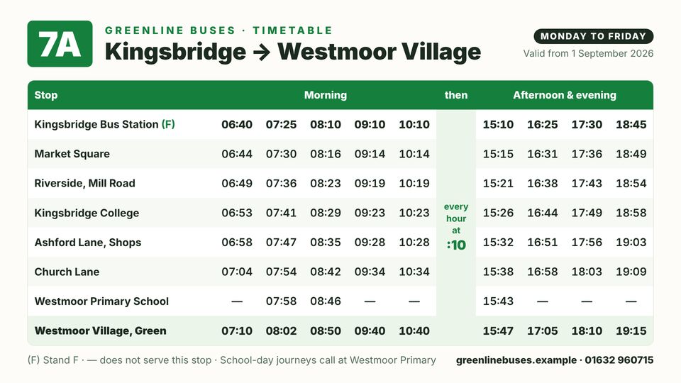 Bus & coach screen design: Route timetable. Weekday timetable grid for one route: stops down the side, journey times across.