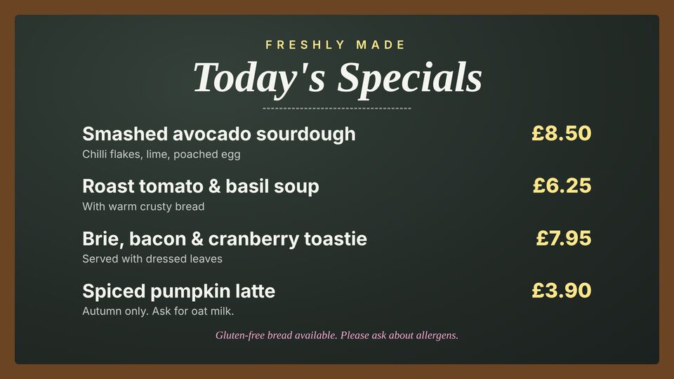 Café screen design: Specials board