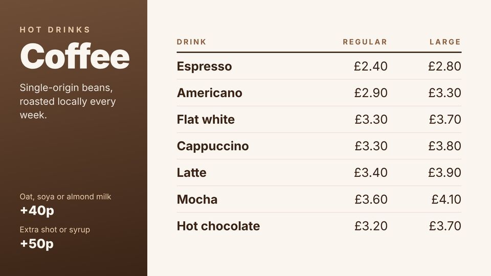 Café screen design: Coffee menu. Drinks with Regular and Large price columns.