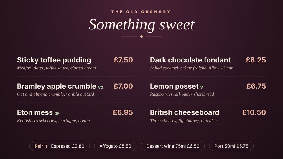 Food & drink template: Dessert menu. Elegant dark dessert menu with six puddings, descriptions, prices and drinks to pair.