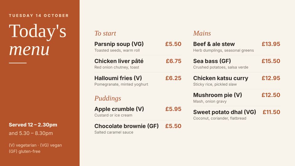 Food & drink template: Today's menu (light). Light, editorial menu with starters, mains and puddings, dated for today.
