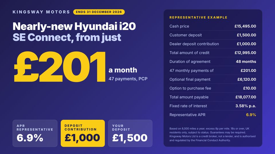 Car showroom screen design: Finance offer. PCP offer with APR, deposit contribution, monthly price and representative example.
