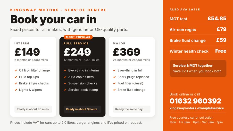 Car showroom template: Book a service. Interim, full and major service prices with MOT and extras, plus booking details.