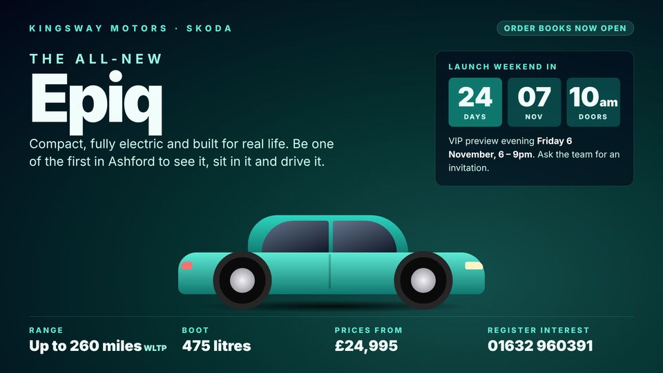Car showroom template: New model launch. Full-bleed launch teaser for an all-new model with preview evening, countdown and register-interest details.