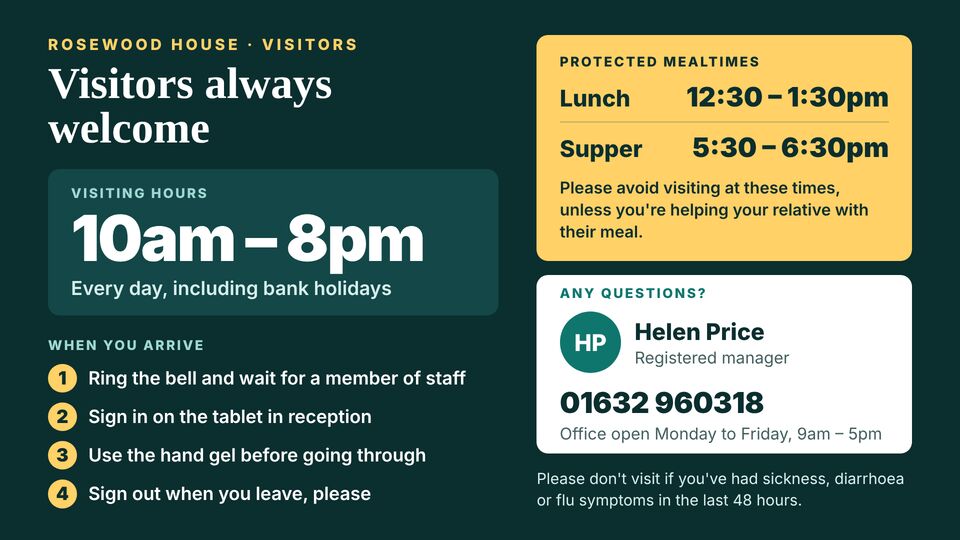 Care home screen design: Visiting information. Visiting hours, how to sign in, protected mealtimes and who to contact.