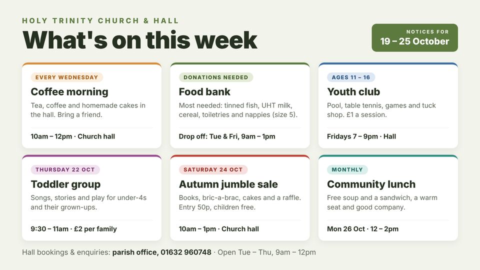 Church & community screen design: Notices & what's on. Six notice cards for community groups, coffee morning, food bank and youth club.