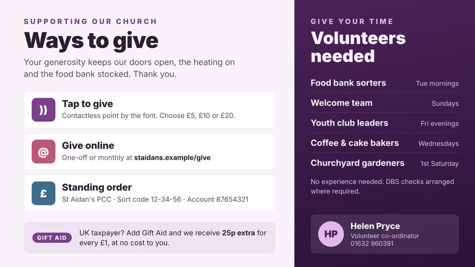 Church & community template: Giving & volunteering. Ways to give, Gift Aid, volunteer roles and who to contact.