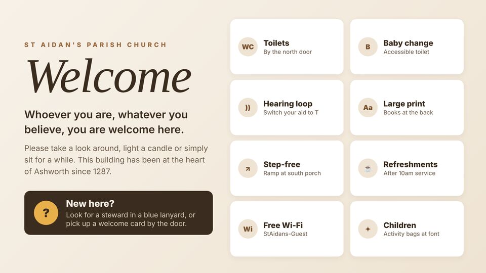 Church & community template: Welcome to visitors. Warm welcome screen with practical visitor info tiles and a new-here prompt.