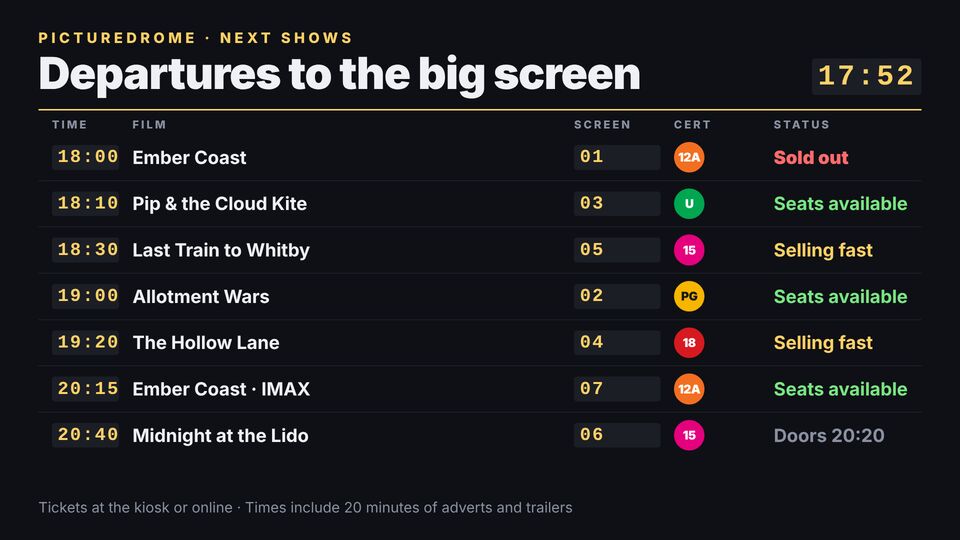 Cinema screen design: Showtimes departures board. Airport-style board of the next shows: time, film, screen, certificate and a selling-fast or sold-out status.