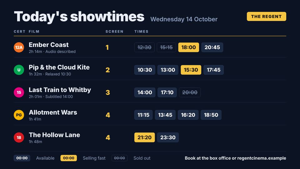 Cinema & theatre template: Today's showtimes. Showtimes board: films, screens and times with sold-out and selling-fast marks.