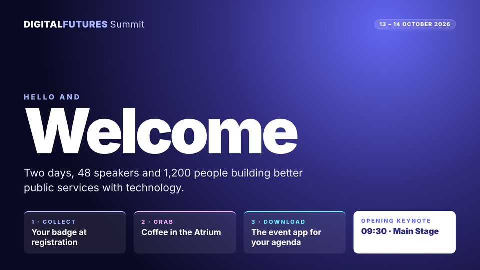 Conference template: Welcome to the event. Full-bleed welcome hero with event name, dates, venue and first things to do.
