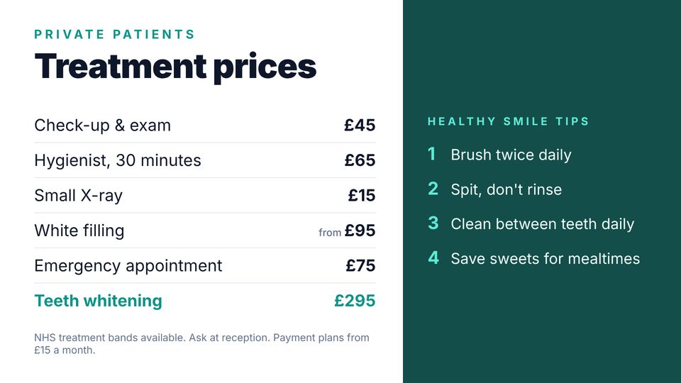Dentist screen design: Treatment prices. Private treatment price list with an oral-health tip.