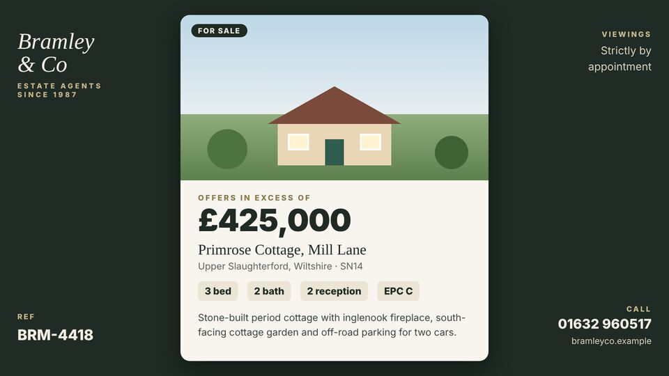 Estate agent template: Window display property. Portrait-style window card for one property, framed by agent branding and contact.