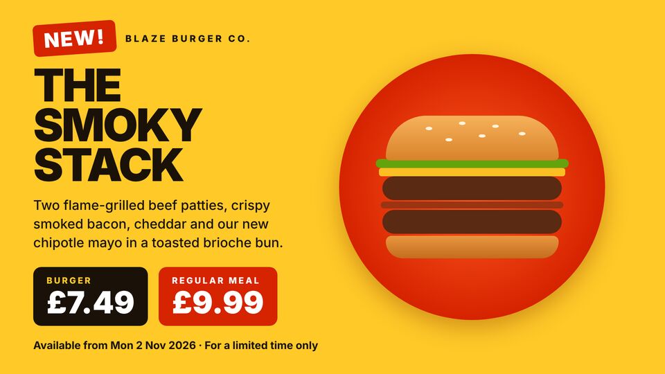 Fast food template: New menu item. Launch a new burger with a CSS-drawn hero, burger and meal prices.