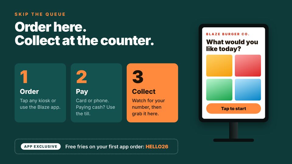Fast food template: Order at the kiosk. Skip the queue: order at a kiosk or in the app, pay, then collect at the counter.