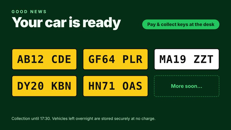 Garage screen design: Cars ready to collect. Big number plates of vehicles ready for collection.
