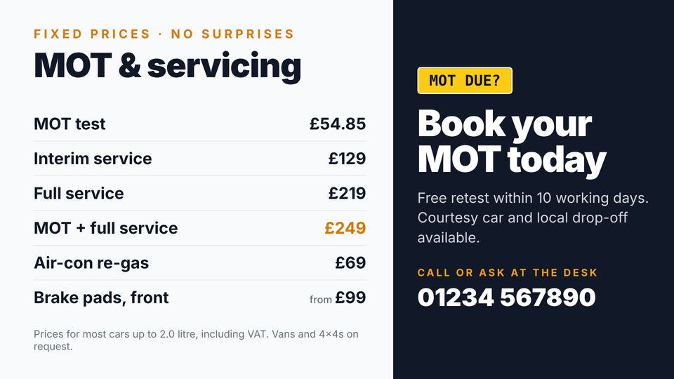 Garage screen design: MOT & service prices. Service price list with a book-your-MOT call to action.