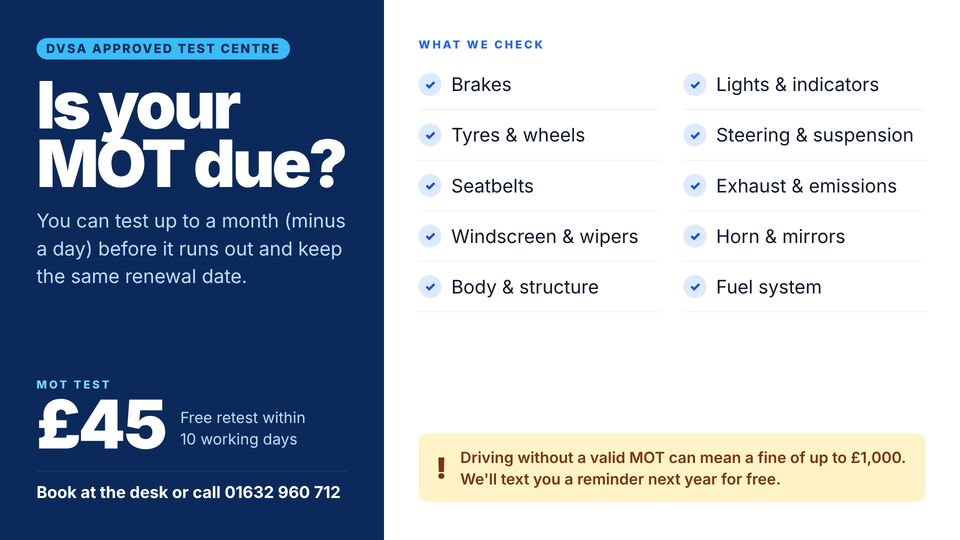 Garage template: MOT reminder & what's checked. Blue MOT reminder with fee, booking details and a checklist of what the test covers.