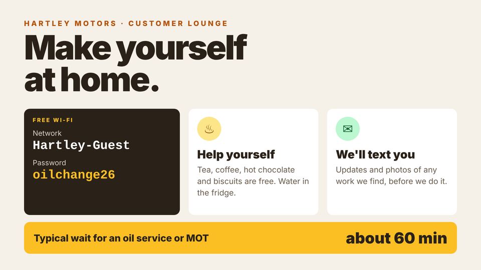 Garage template: Waiting room welcome & Wi-Fi. Friendly waiting-area screen: Wi-Fi details, free drinks, estimated wait and updates by text.