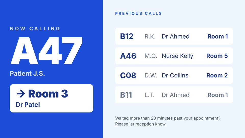 Doctors (GP surgery) screen design: Patient call board