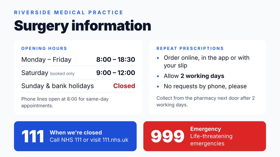 Doctors (GP surgery) screen design: Surgery information. Opening hours, repeat prescriptions and urgent care numbers.