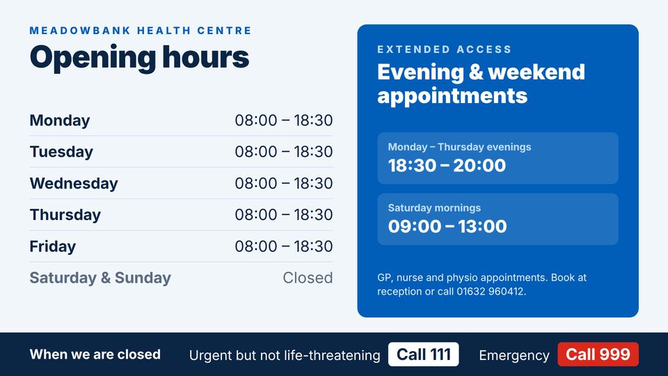 Doctors (GP surgery) screen design: Opening hours & extended access. Weekday hours, evening and weekend appointments, and what to do when the surgery is closed.