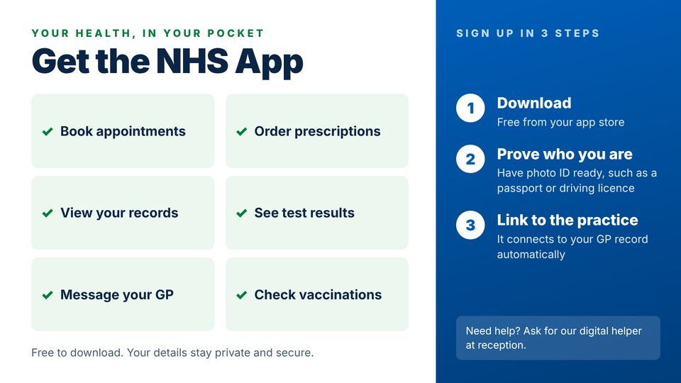 Doctors (GP surgery) template: NHS App sign-up. Encourage patients to download the NHS App with a list of what they can do.