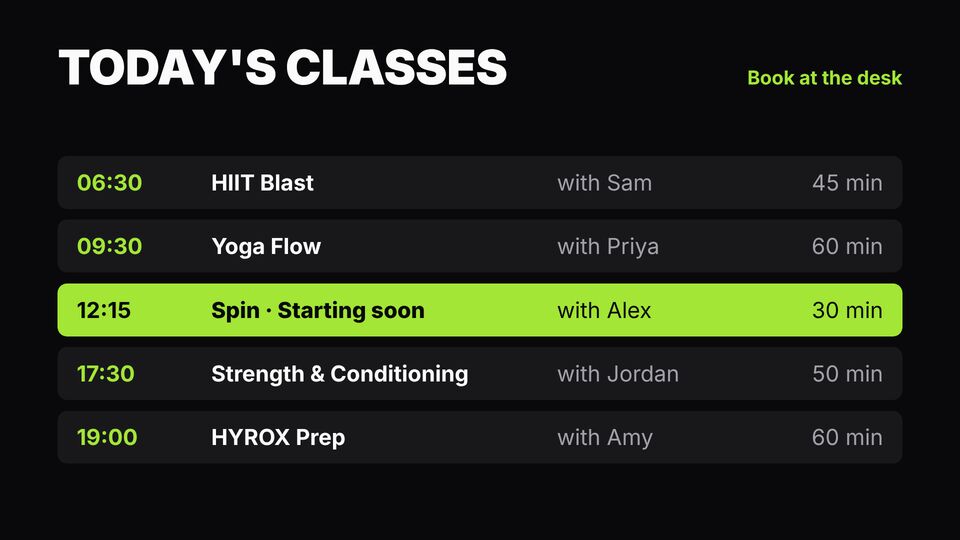 Fitness screen design: Class timetable. Today's classes with times and instructors.