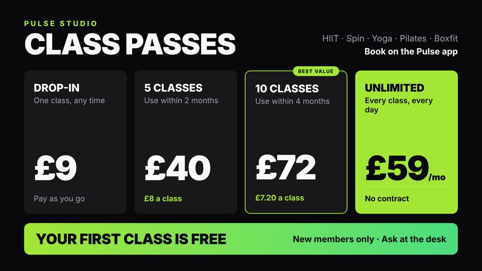 Fitness template: Class passes & prices. Drop-in, class packs and unlimited monthly pass, with a first-class-free banner.