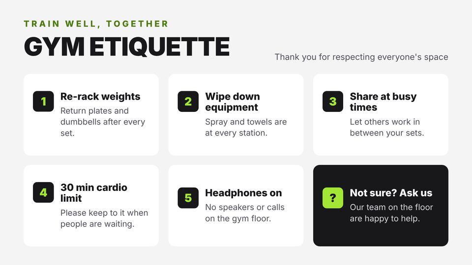 Gym template: Gym etiquette. Six house rules in a friendly grid.