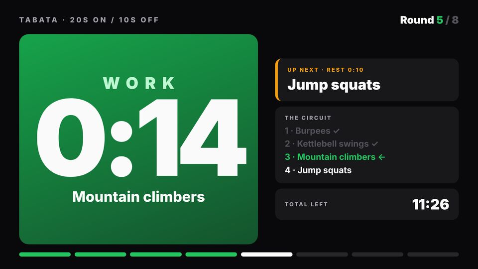 Fitness template: Interval timer board. Tabata-style interval board: big work countdown, round progress and up-next exercise.