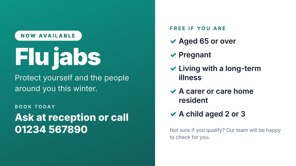 Healthcare screen design: Health notice. Flu jabs available, who is eligible and how to book.