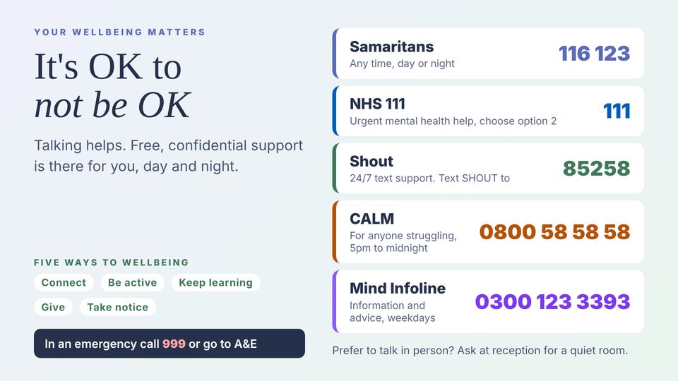 Healthcare template: Mental wellbeing support. Calm wellbeing message with free UK helplines, opening times and numbers.