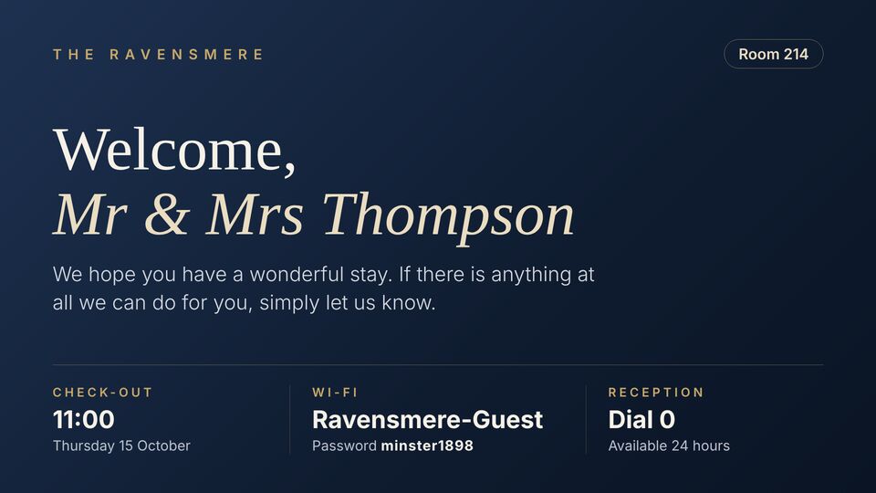Hotel · Guest room TV screen design: In-room welcome. Personal greeting with room, check-out, Wi-Fi and reception details.
