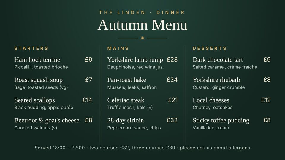 Hotel · Restaurant & bar template: Restaurant menu. Three-course menu board: starters, mains and desserts.