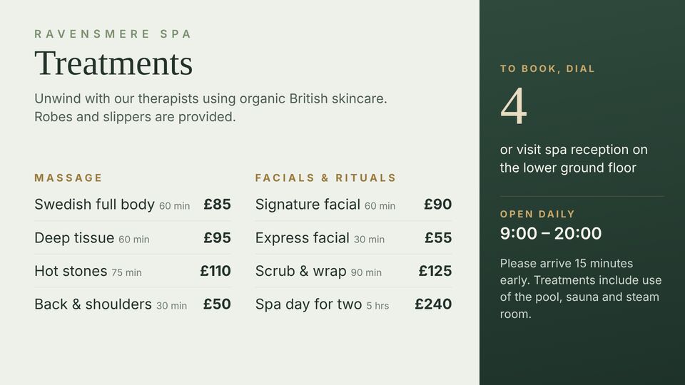 Hotel · Spa & leisure template: Spa treatments. Spa treatment price list with booking information.