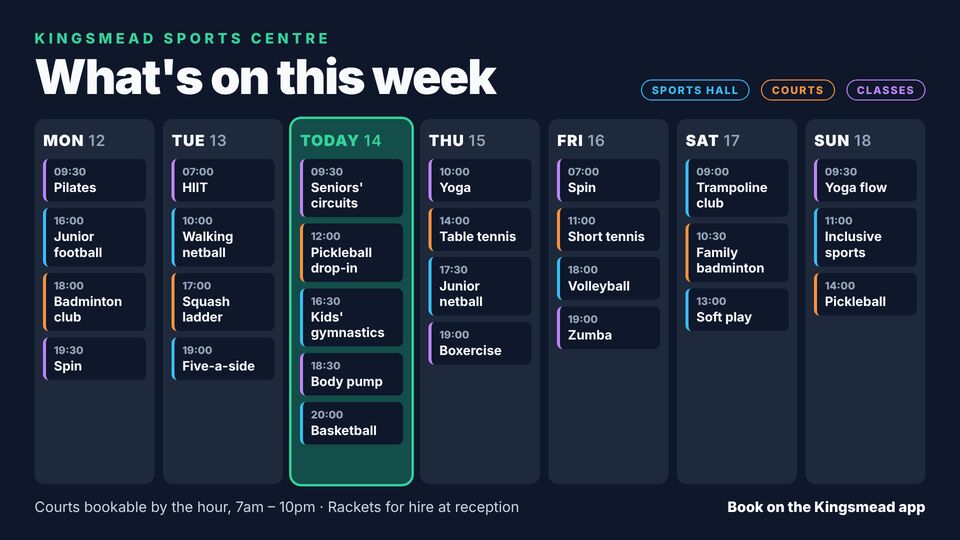 Leisure centre & pool screen design: What's on this week. Seven-day grid of sports hall, courts and fitness class sessions.