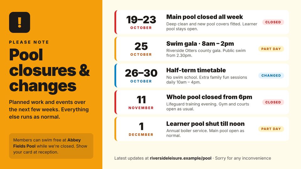 Leisure centre & pool template: Pool closures & changes. Notice of upcoming pool closures and timetable changes, with dates and reasons.