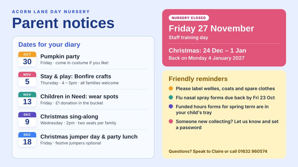 Nursery & childcare screen design: Parent notices. Dates for your diary, a closure banner and reminders for parents.