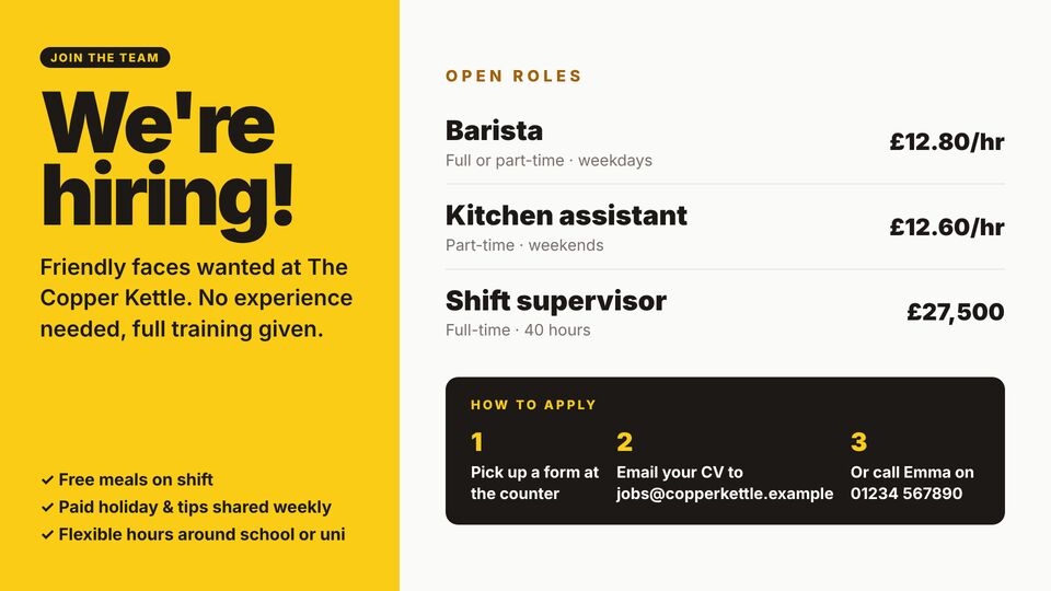 Business essentials template: We're hiring. Open roles with hours and pay, plus how to apply.
