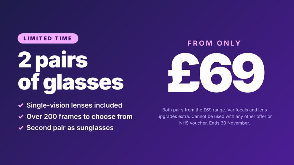 Optician screen design: Frames offer. Two pairs of glasses for one price, with small print.